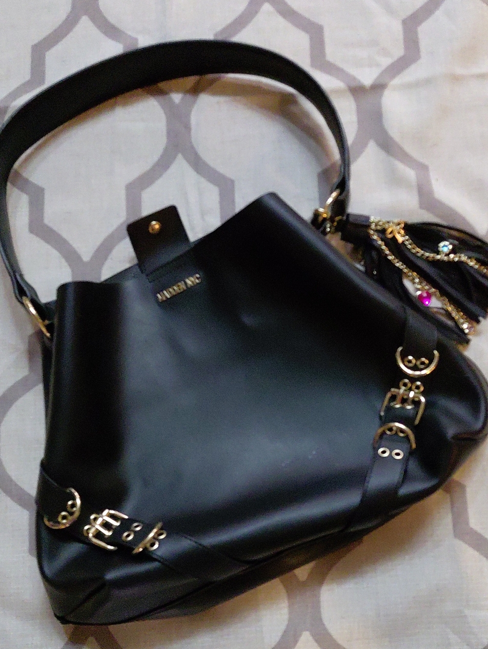 Madden Girl Black Shoulder Bag with Tassel Charm W Gemstones